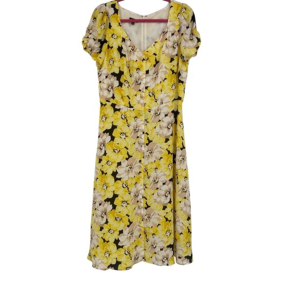 TALBOTS Yellow Floral Crepe Midi Dress Size 12 Pippy Poppies Missing Belt - Picture 1 of 12